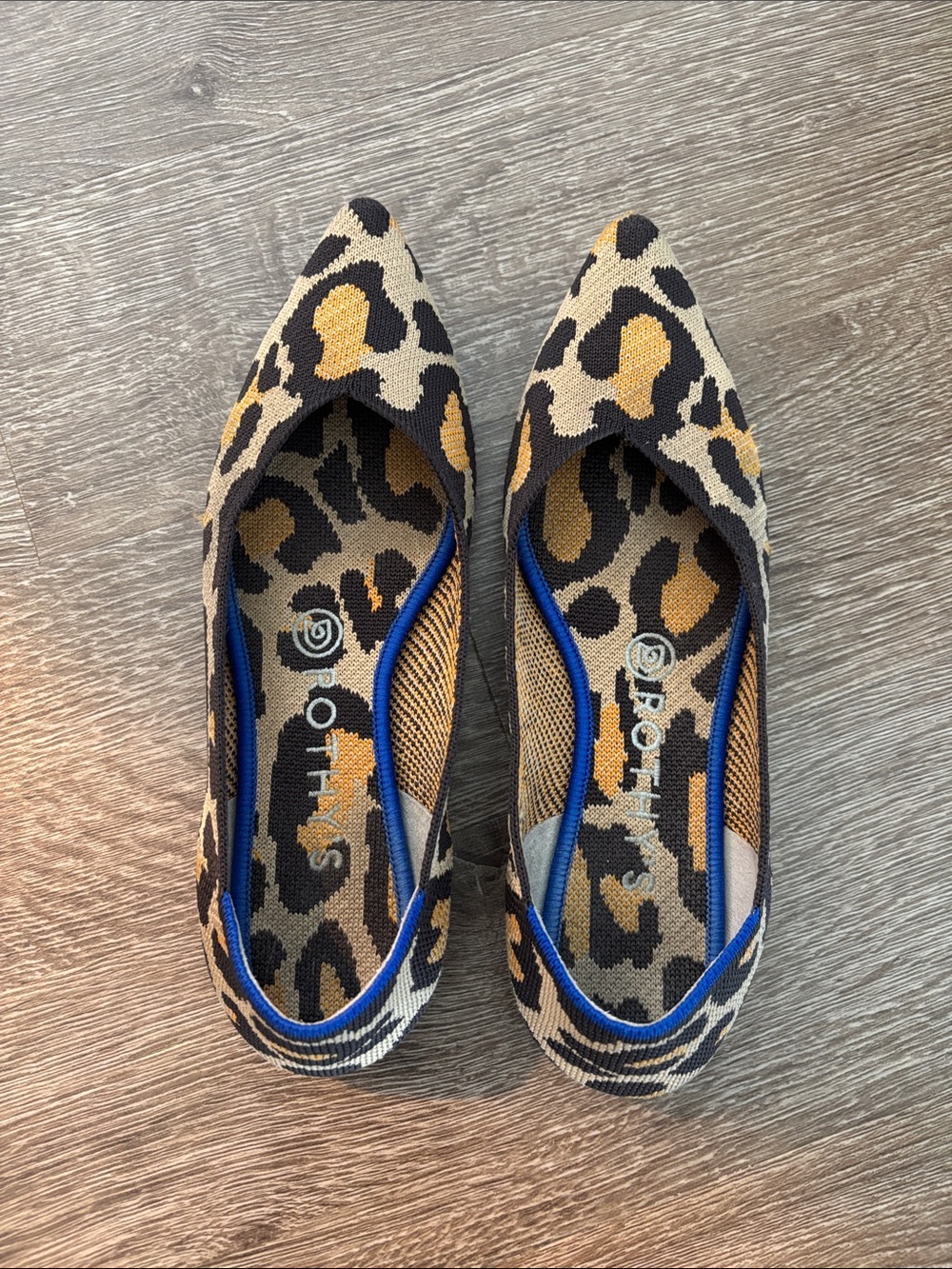 Rothy's Leopard Print Pointed Flats in Tan, Black & Gold